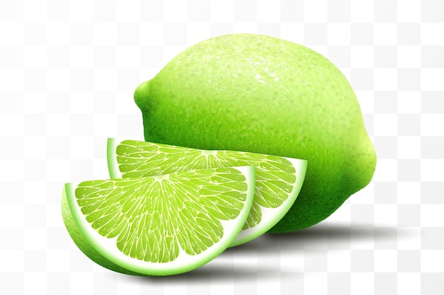 fresh lime set with various view of whole lime fruit halves and slices isolated on transparent