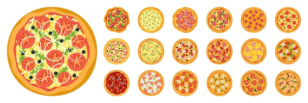 fresh pizza set with tomato cheese olive sausage onion basil traditional italian fast food top view meal european snack isolated white background vector illustration