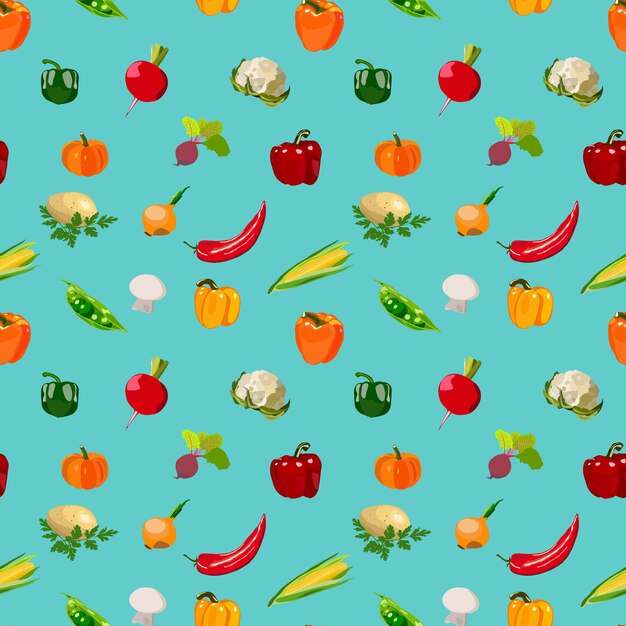 Fresh vegetables vector seamless pattern concept Healthy diet flat style illustration Isolated green food can be used in restaurant menu cooking books and organic farm labels pepper redish