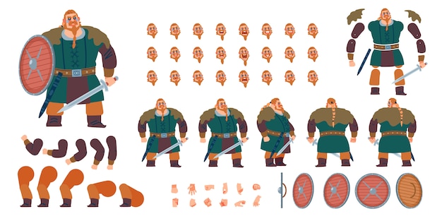 Front, side, back view animated character.Warrior Viking, barbarian character creation set with various views, face emotions, poses and gestures. 