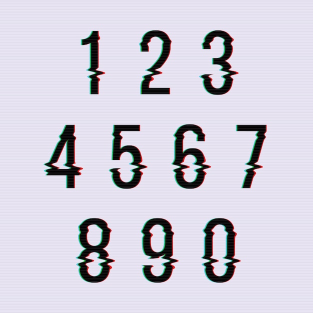 Frozen glitch screen distortion numbers. Set of numbers distorted, numeral order illustration