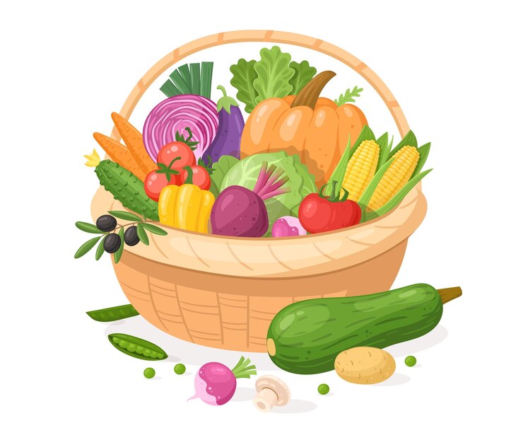 Vektor fruits vegetable in cartoon basket farm market vector food wicker basket full of organic grocery
