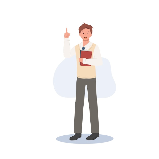 full length of male student in school uniforms pointing index finger got some idea
