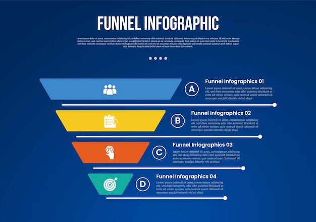 funnel infographic with reverse pyramid and line separation distance with 4 point with dark style for slide presentation