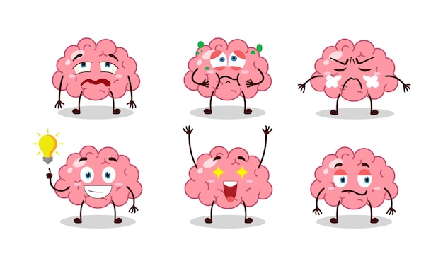 funny brain cartoon with different expressions vector illustration