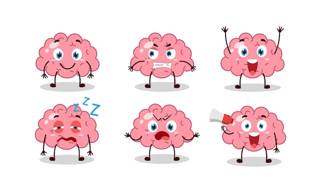 funny brain cartoon with many expressions vector illustration