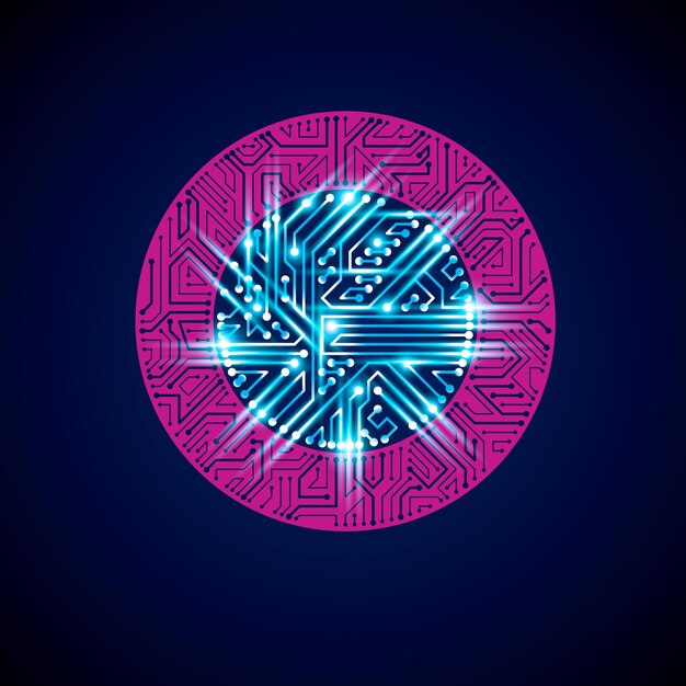 Futuristic cybernetic scheme, vector motherboard blue and magenta illustration with neon lights. Circular gleam element with circuit board texture.