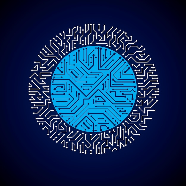 futuristic cybernetic scheme, vector motherboard blue illustration with neon lights. circular gleam element with circuit board texture.