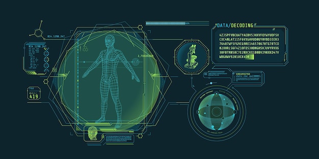 Futuristic interface design of scientific program with biomedical research data decoding Vector illustration