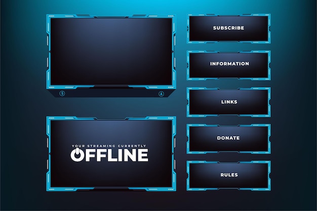Futuristic live streaming overlay vector with blue and dark colors Streaming panel overlay template design with abstract shapes Live gaming screen panel and broadcast frame design for gamers