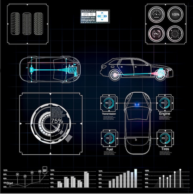 Futuristic user interface. HUD UI. Abstract virtual graphic touch user interface. Cars infographic. Cars diagnostic.  science abstract.  illustration.