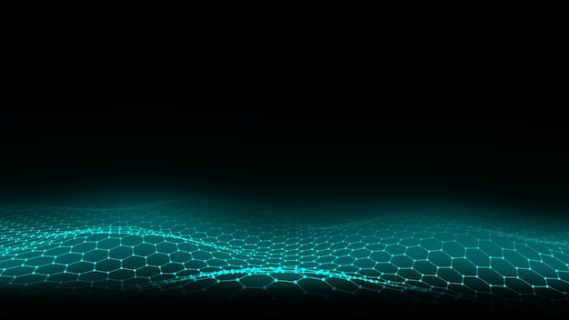 futuristic vector hexagon wave dark cyberspace abstract wave with dots and line blue moving particles on a black background