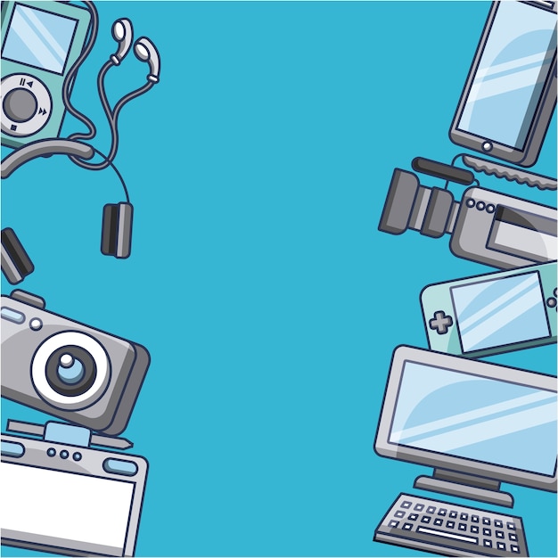 Gadgets technology modern devices border blue background