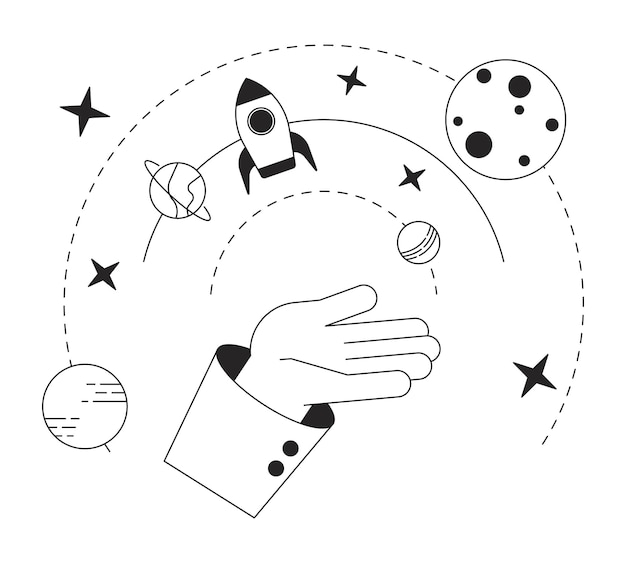 galaxy on hand flat monochrome isolated vector object space exploration aerospace engineering editable black and white line art drawing simple outline spot illustration for web graphic design