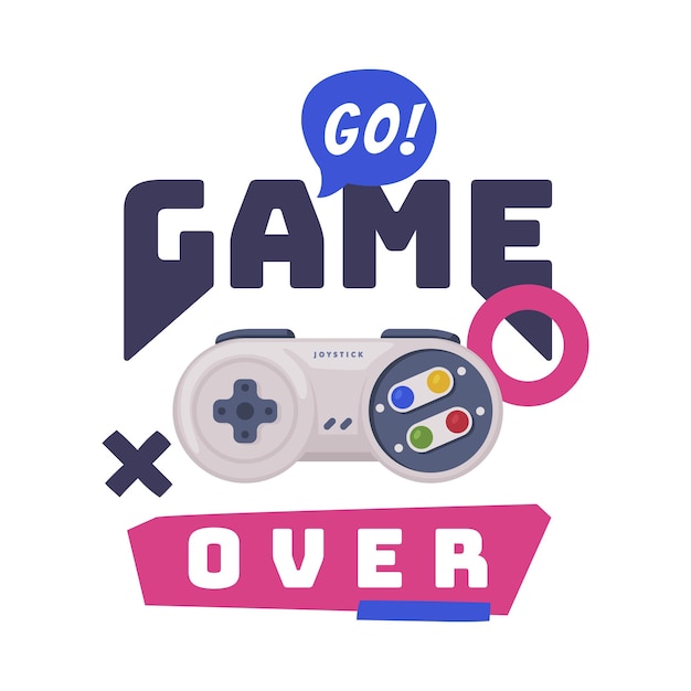 game over logo joysticks gamepad with slogan text print cartoon vector illustration