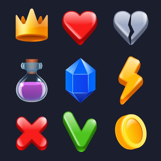 Game ui kit. Clever stars lock gold buttons colored items for web interface  stylized icons