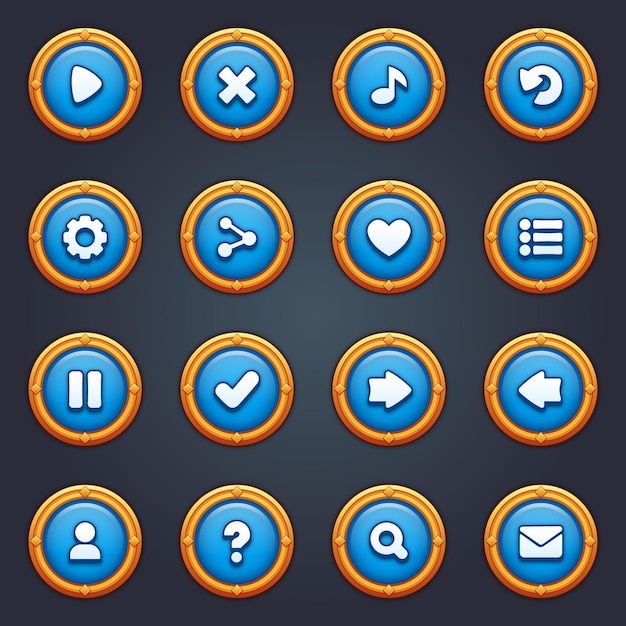 Game ui set of blue buttons in cartoon style gui to build 2d games cartoon casual buttons kit