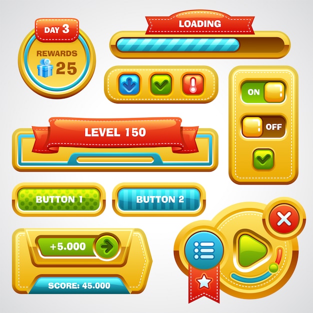game user interface elements buttons, progress bar, icons and fields for game