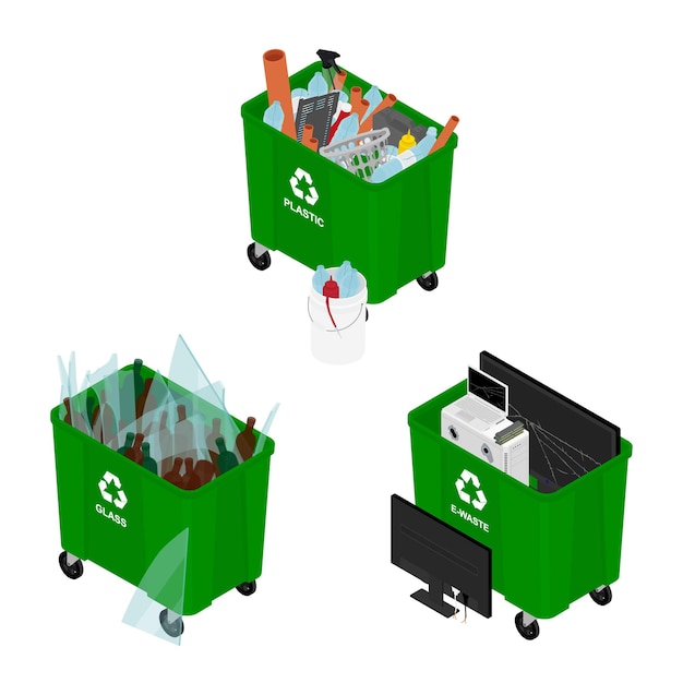 Garbage cans full of sorted garbage vector icons Recycling garbage separation collection