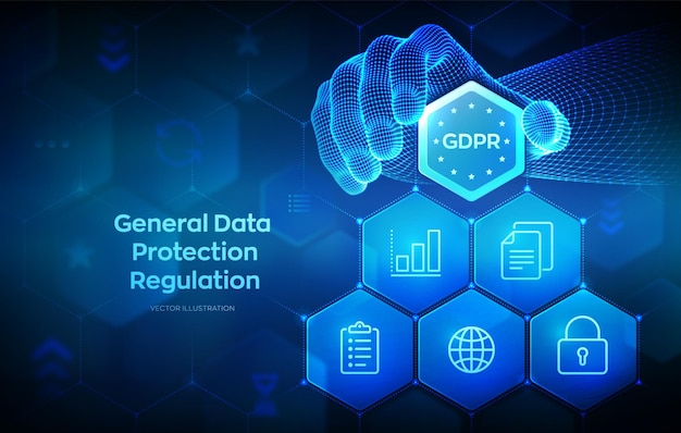 gdpr general data protection regulation cyber security and privacy concept on virtual screen protection of personal information hand places an element into a composition vector illustration