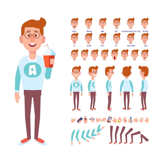 geek guy for animation with various hairstyles lip sync and gestures front side back view vector