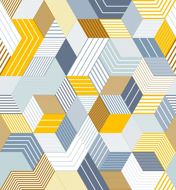 Geometric 3D seamless pattern with lined cubes stripy boxes blocks vector background architecture and construction wallpaper design