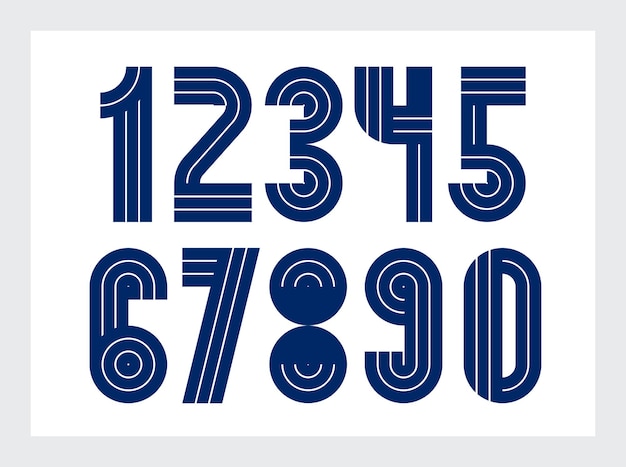 Geometric numbers set vector digits retro 90s style trendy numerals made with geometry elements lined stripy design