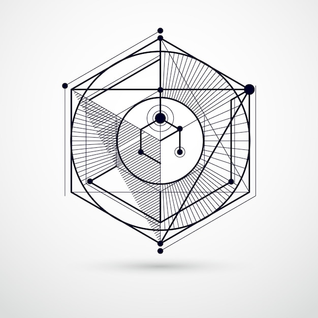 geometric technology vector black and white drawing, 3d technical wallpaper. illustration of engineering system, abstract technological backdrop. abstract technical background.