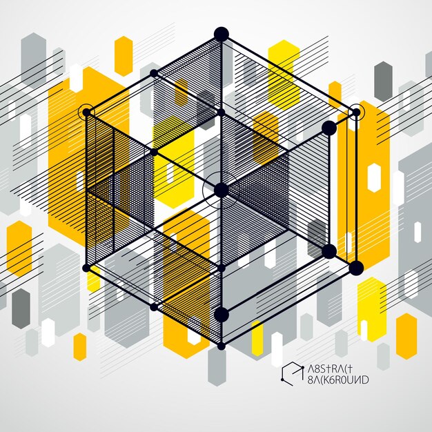 Geometric technology vector yellow drawing, 3D technical wallpaper. Illustration of engineering system, abstract technological backdrop. Abstract technical background.
