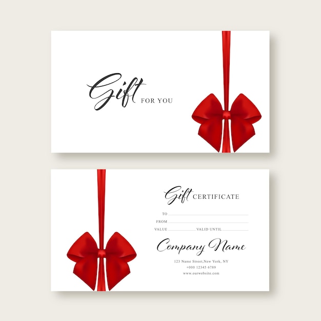 Gift voucher card template. Modern discount coupon or certificate layout with red bow, art backgroun