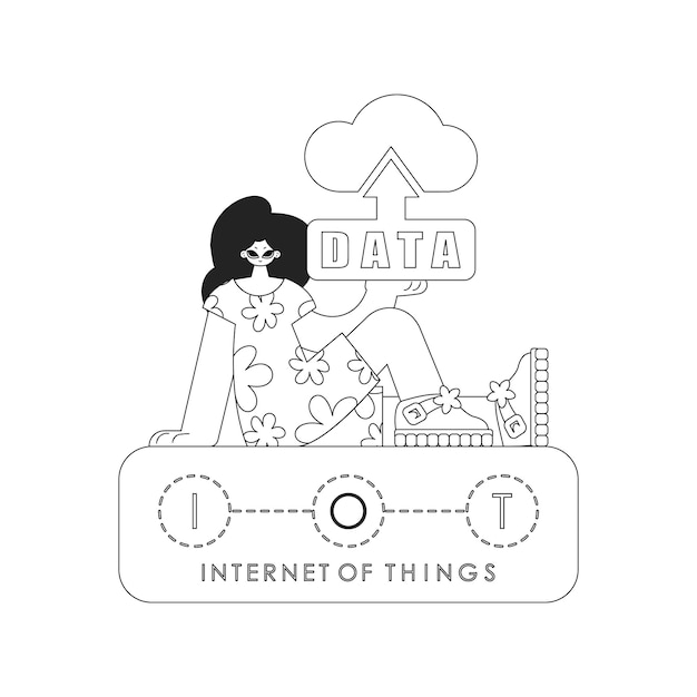 Girl holds symbol of net of things cloud storage vector art in line style