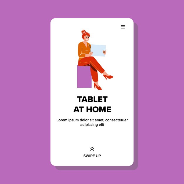 girl using tablet at home for communication vector. young woman use digital tablet at home for searching information in internet and watching movie. character gadget web flat cartoon illustration