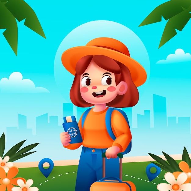 Girl with a hat ready for her trip illustration