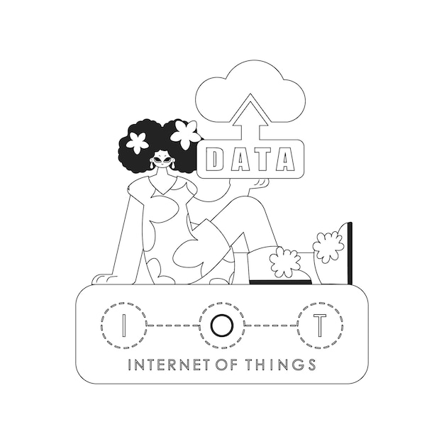 Girl with cloud logo for IoT in linear vector style