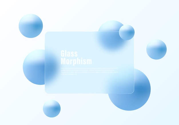 Glass morphism website landing page template Translucent glass partition with floating blue spheres