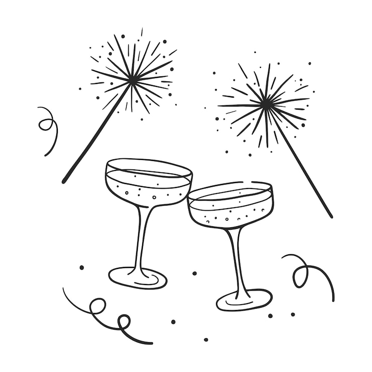 Vektor glasses of champagne with bubbles and sparkles hand drawn festive new year illustration for poster