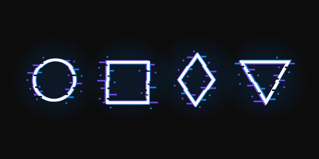 Glitch geometrical shapes set Hipster abstract design elements Glitch signs with neon light Vector illustration