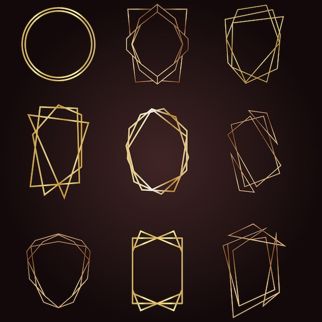 Glowing golden polygonal frames collection isolated on transparent background Shining multangular b