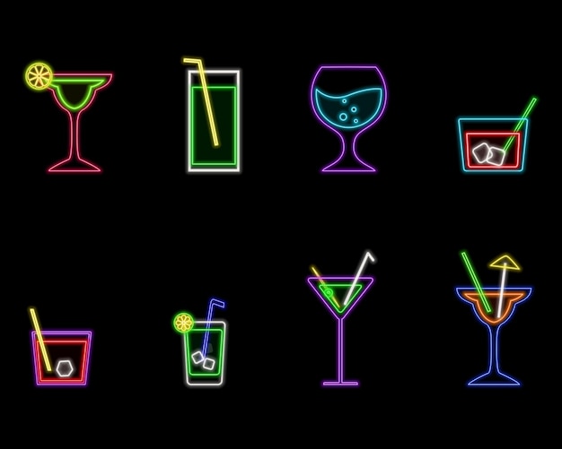 glowing neon cocktails Martini set of drinks Icon for night restaurant background LED luminous sign