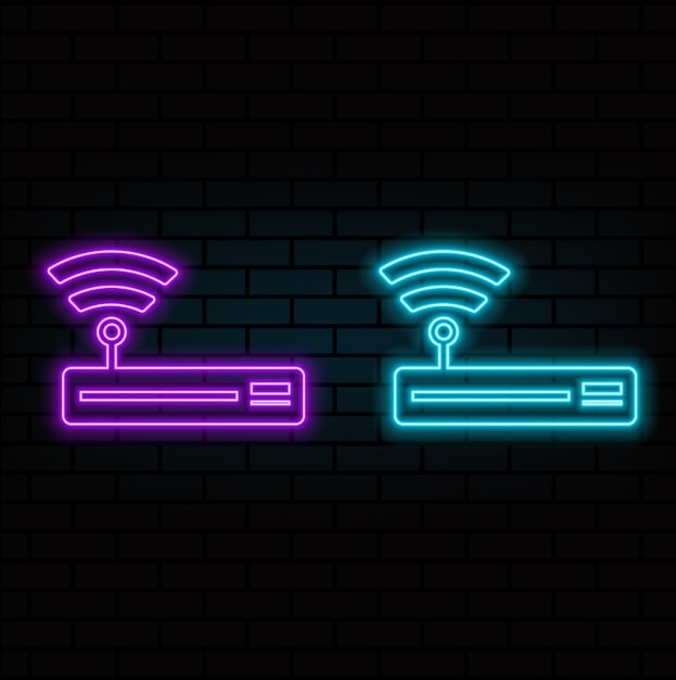 Glowing neon Router and wifi signal icon isolated on brick wall background Wireless ethernet modem r
