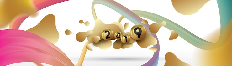 Vektor godt nyttår 2019 med flytende dynamiske væskekuler og julekuler