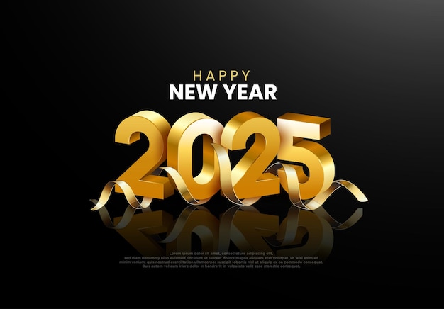 Godt nyttår 2025, gyllen 3D-tekst med julebakgrunn