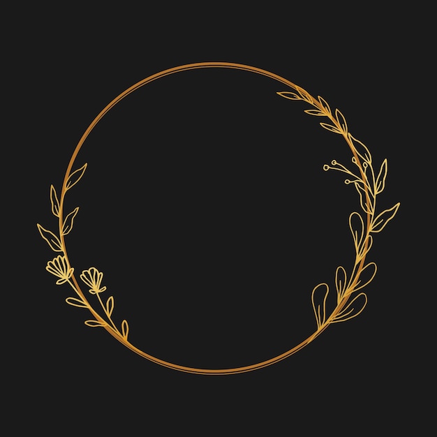 Gold floral border with hand drawn leaves and flowers isolated on black background