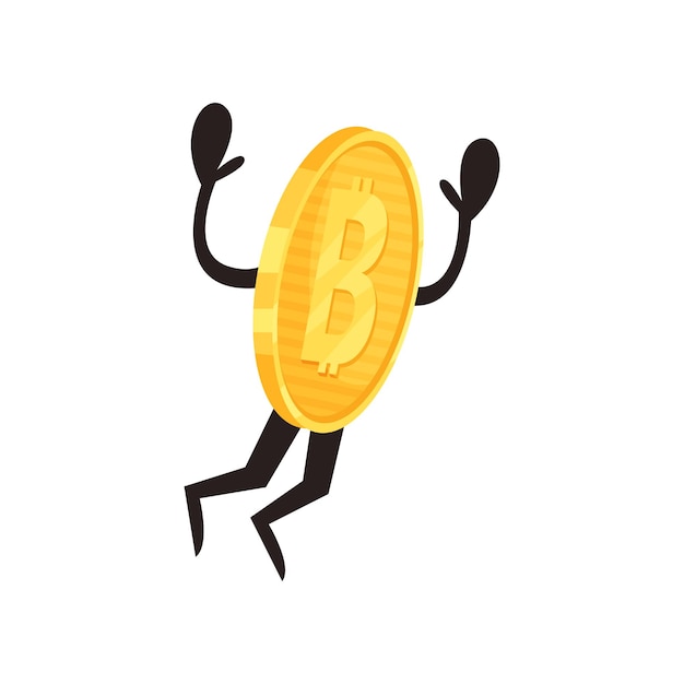 Golden coin character in action Shiny humanized bitcoin jumping with hands up Cryptocurrency money and finance concept Flat vector design for mobile app or sticker