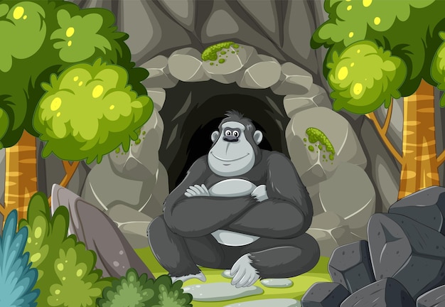 gorilla resting at cave entrance