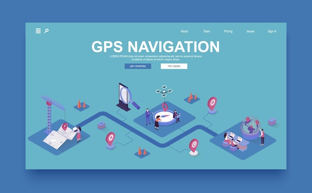 gps navigation concept 3d isometric landing page template people use online maps in applications create and track routes with location search vector illustration in isometry graphic design