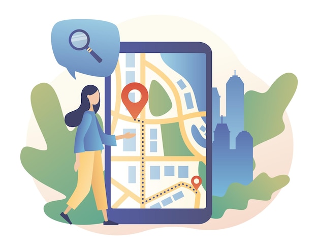 gps navigation concept tiny girl search for location on smartphone online map we have moved modern flat cartoon style vector illustration on white background
