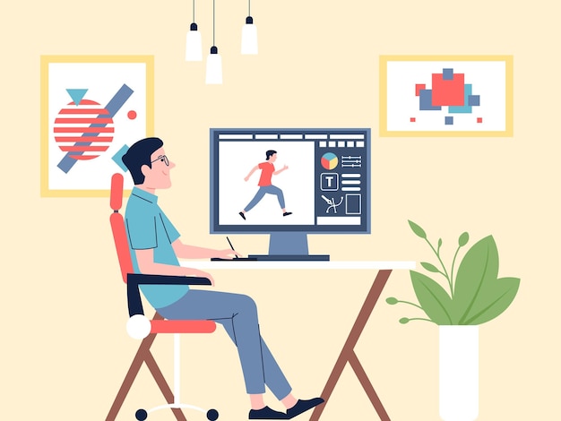 Graphic designer character Man working on project with computer Digital design or animation freelance concept Young animator recent vector person