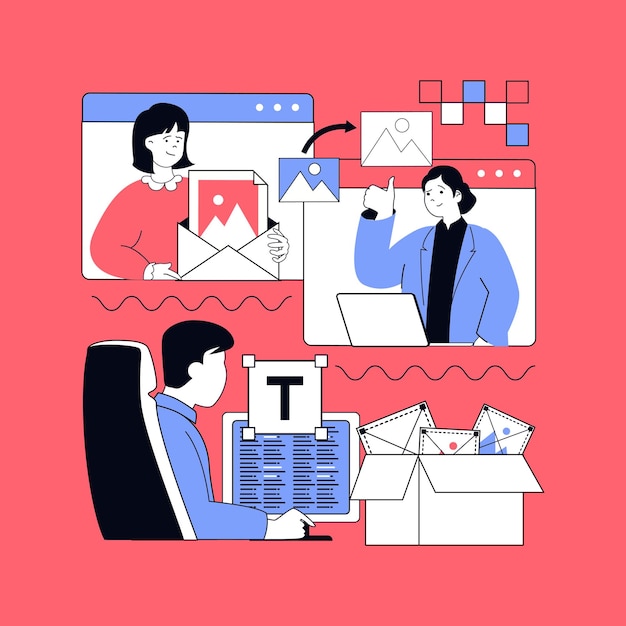 Graphic web design concept for modern website design People creating wireframe layouts coding on platform working with project multimedia sharing images and text elements Vector illustration