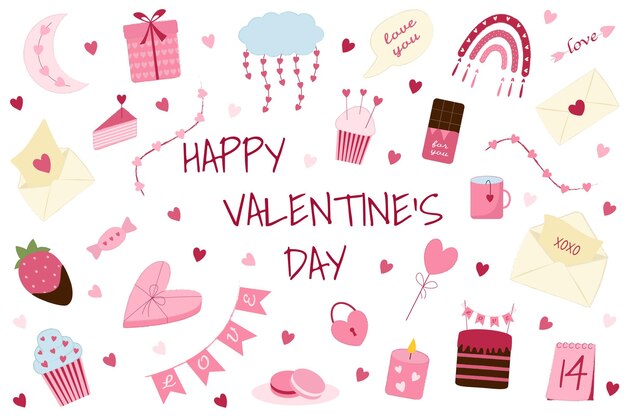 Gratulerer med valentinsdagen-sett. Rosa objekter for elskere i flat stil. Romantisk pakke